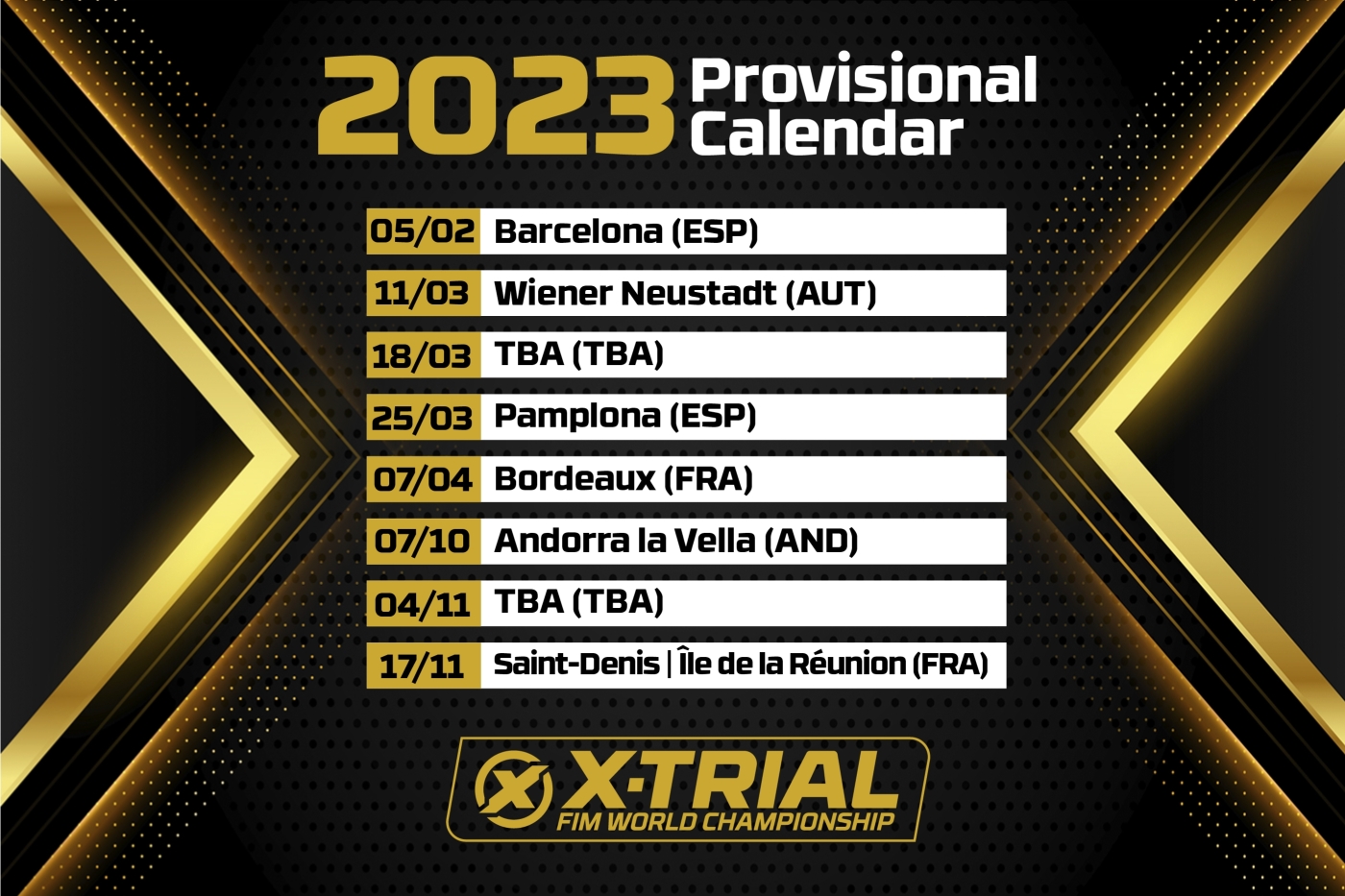 Calendrier prévisionnel du Championnat du Monde FIM de X-Trial 2023