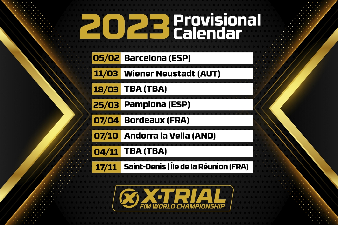 Calendrier prévisionnel du Championnat du Monde FIM de X-Trial 2023 Calendrier prévisionnel du Championnat du Monde FIM de X-Trial 2023